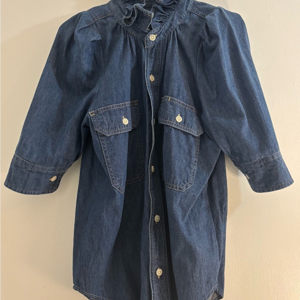 KMJ Signature Ruffle Collar Denim Botton-Down Shirt with 3/4 Sleeves, Size Small - Picture 6 of 12